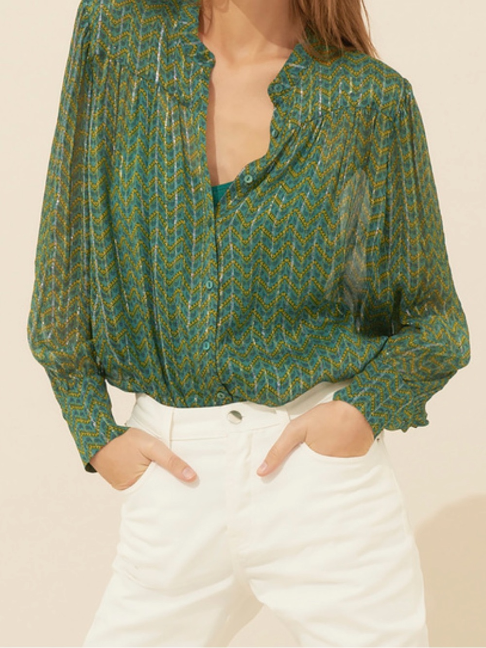 ba&sh Green Chevron Wize Ruffle-Neck Blouse